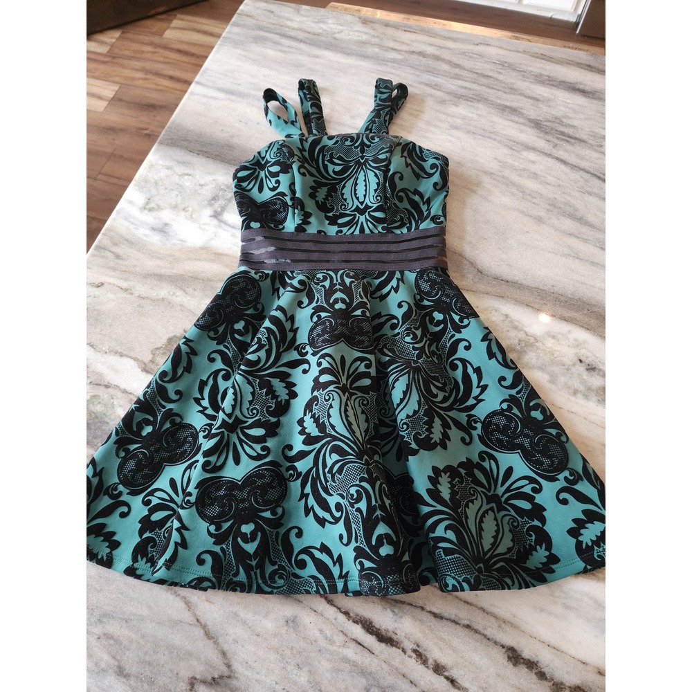 Jodi Kristopher Teal Black‎ Damask Print Fit Flare Dress Size 1 Cotillion